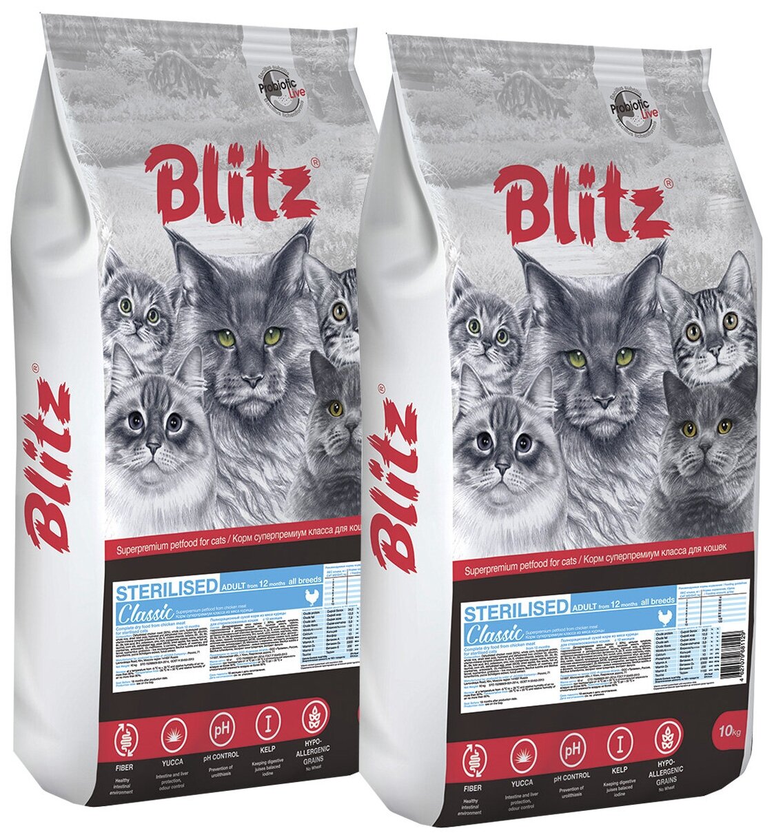 BLITZ CLASSIC ADULT CAT STERILISED CHICKEN для взрослых кастрированных котов и стерилизованных кошек с курицей (10 + 10 кг)