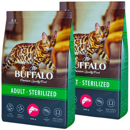 MR.BUFFALO ADULT STERILIZED для взрослых кастрированных котов и стерилизованных кошек с лососем (0,4 + 0,4 кг) mr buffalo adul hair