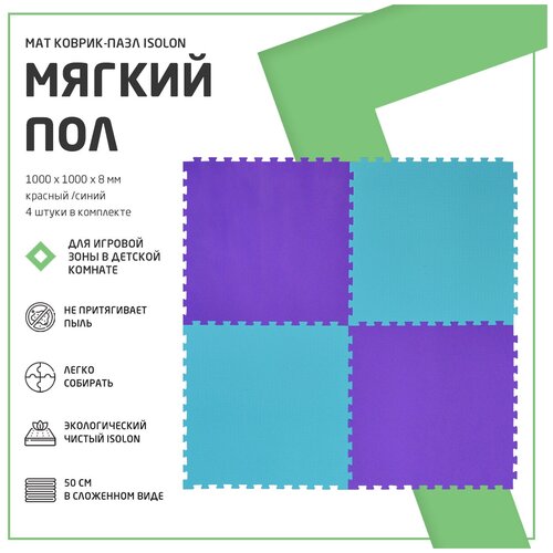 Мат коврик-пазл мягкий пол Isolon, 50х50 см, в комплекте 4 шт, бирюзовый/фиолетовый