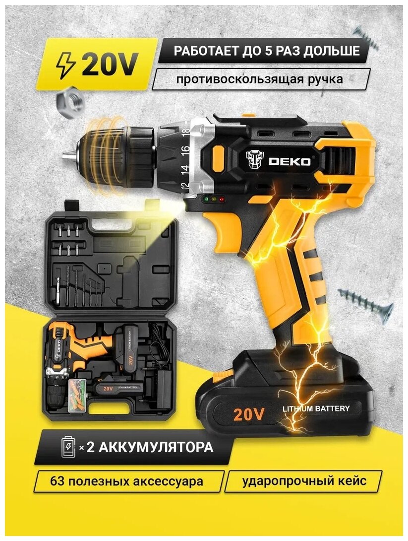 Аккумуляторная дрель Deko DKCD20FU-Li (063-4103) 20В 1.5Ahx2 63 с набором 63 предмета в кейсе 063-