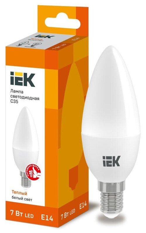 Лампа светодиодная ECO C35 7Вт свеча 3000К E14 230В, IEK LLE-C35-7-230-30-E14 (1 шт.)