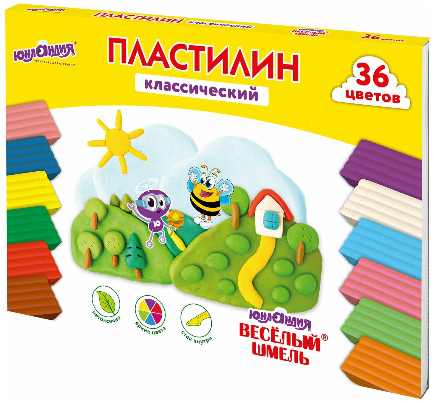 Пластилин классический юнландия "весёлый шмель", 36 цветов, 720 грамм, со стеком, высшее качество, 106434