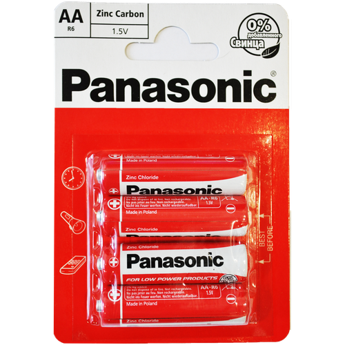 Батарейка солевая Panasonic Zinc Carbon, AA, R6-4BL, 1.5В, блистер, 4 шт, батарейка солевая panasonic zinc carbon aa r6 4bl 1 5в блистер 4 шт panasonic 1035273