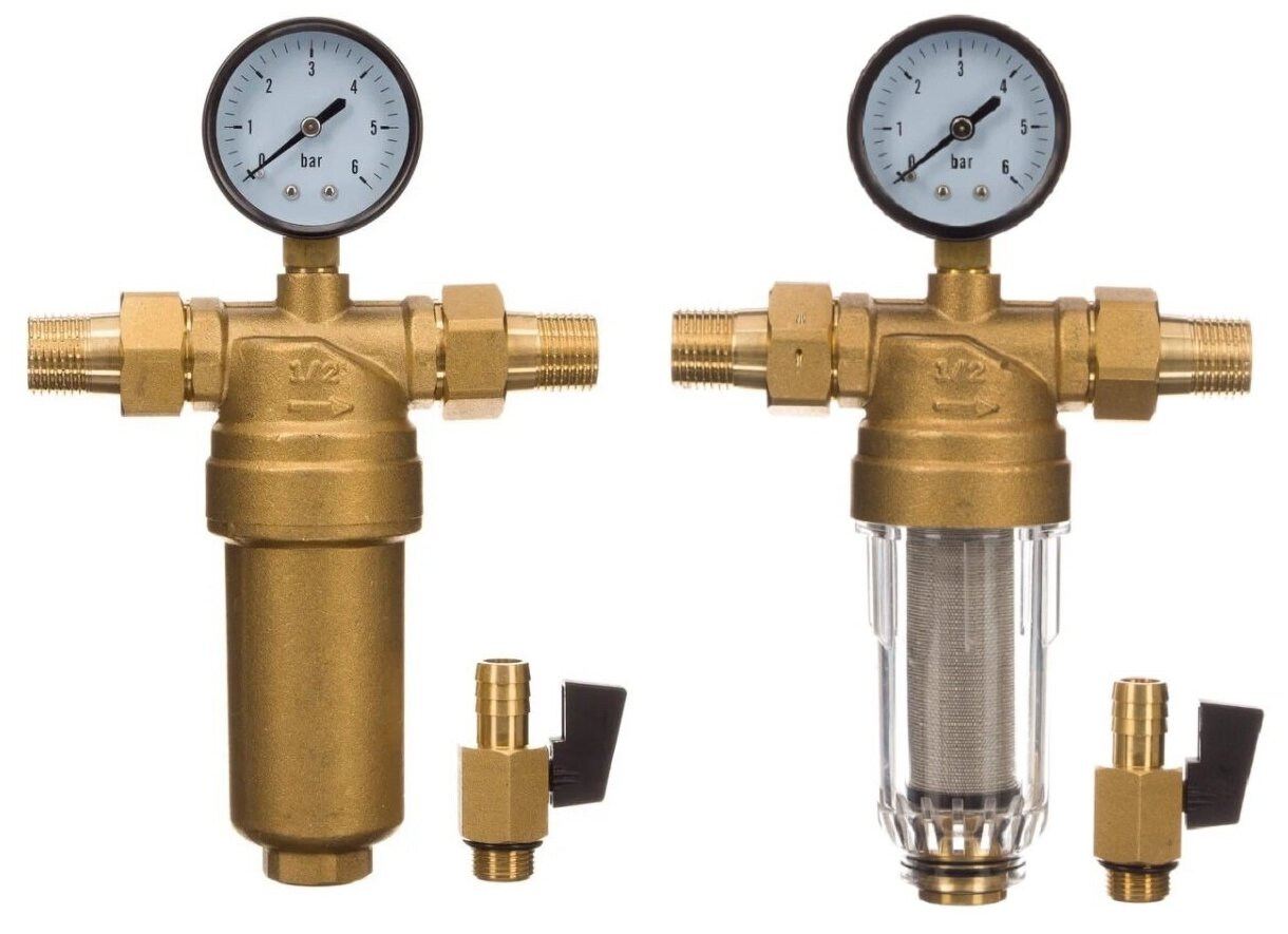 Фильтр тонкой очистки с манометром самопромывной 1/2" TST пара (латунь + стекло)