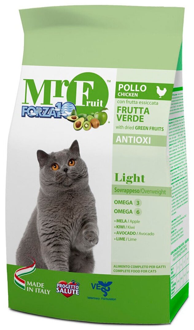 Корм Forza10 Mr.Fruit Light Verde для кошек, склонных к полноте, с курицей и экстрактами зеленых фруктов, 1.5 кг