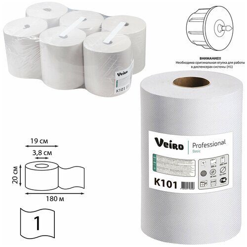Полотенца бумажные рулонные 180 м, VEIRO (Система H1) BASIC, 1-слойные, цвет натуральный, комплект 6 рулонов, K101, 1 шт.