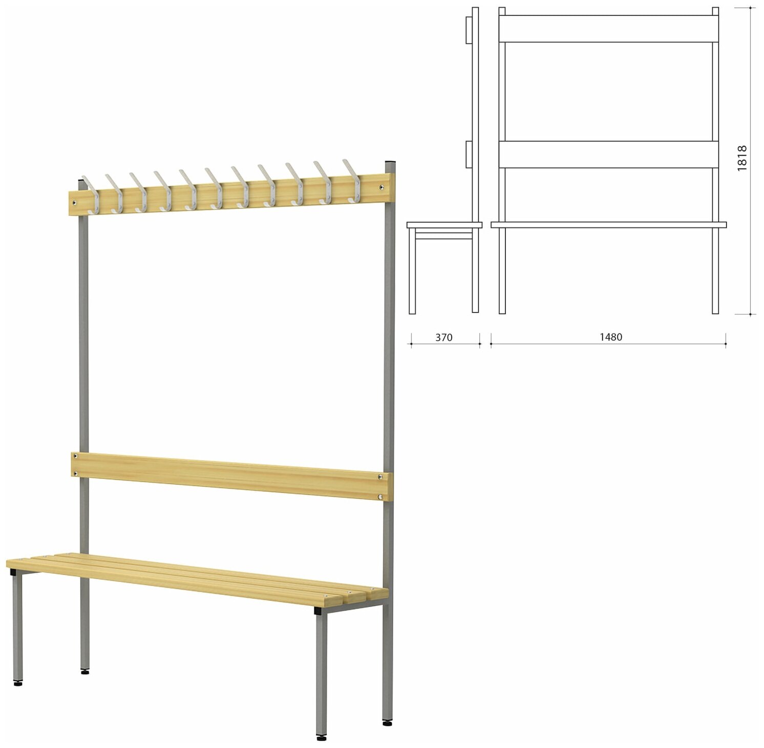 Скамья с вешалкой, спинкой П-091Д/1,5 (1818х1480х370 мм), 11 крючков, дерево, металлокаркас В комплекте: 1шт.