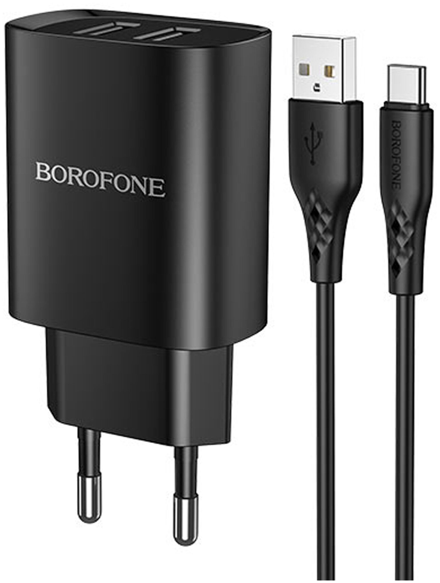 СЗУ USB 2.1A 2 USB порт BOROFONE BN2 Super fast кабель Type-C черный