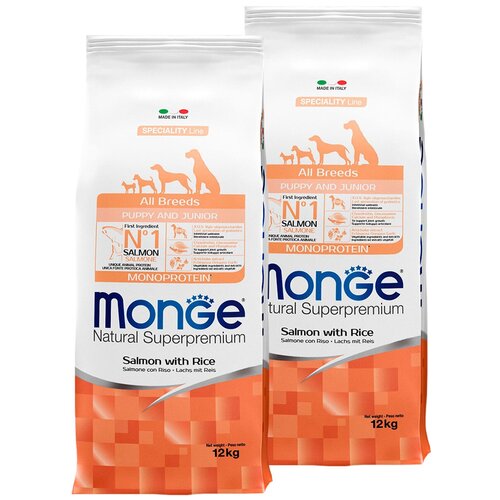 MONGE SPECIALITY DOG PUPPY & JUNIOR SALMON для щенков всех пород с лососем и рисом (12 + 12 кг) monge speciality dog salmon для взрослых собак всех пород с лососем и рисом 12 12 кг