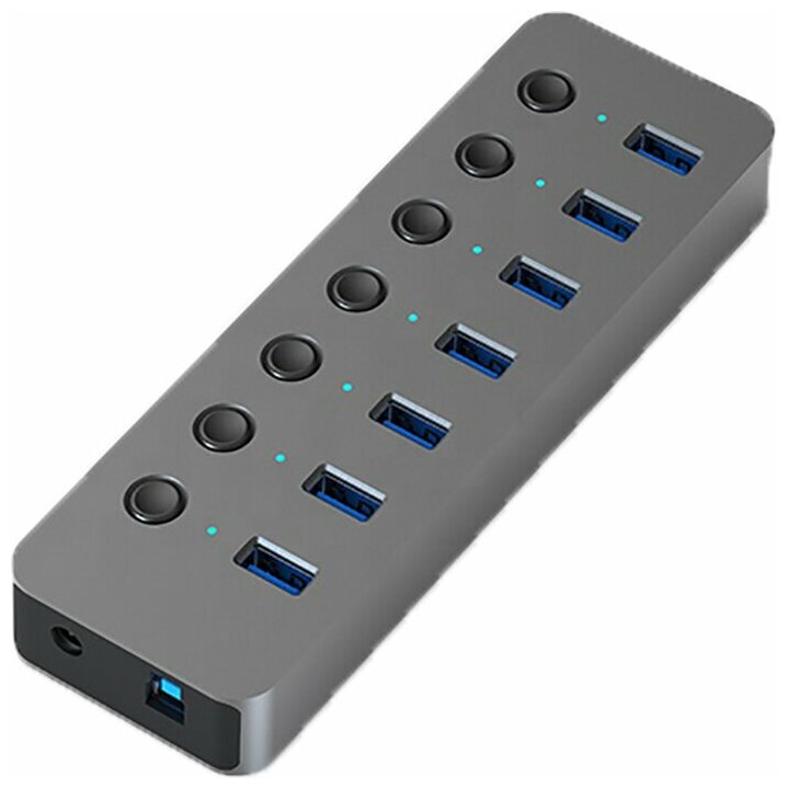 Концентратор-USB (разветвитель, хаб) GSMIN UB-08 на 7 портов USB 3.0 металлический с внешним питанием (Черный)