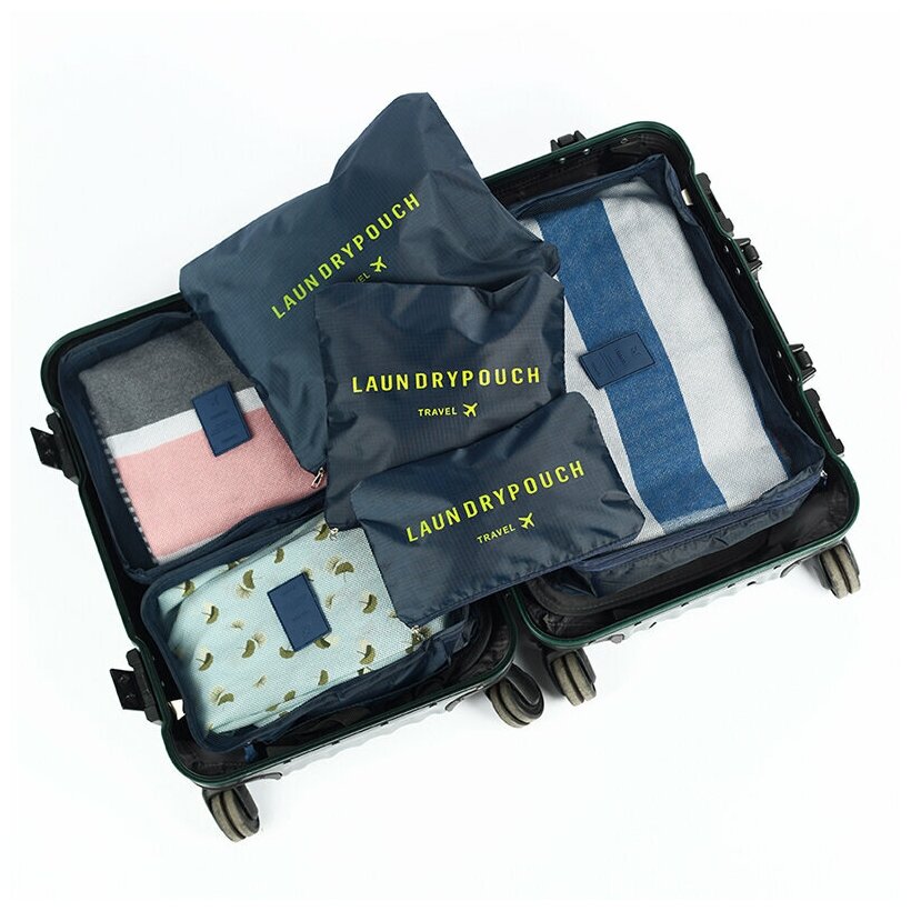 Дорожный органайзер для чемодана из 6 штук LAUNDRY POUCH, набор для путешествий и хранения вещей в чемодане, синий - фотография № 9