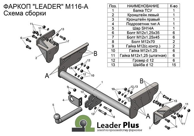 Фаркоп (ТСУ) Mitsubishi L200, Fiat Fullback (2016-) со съемным шаром "Лидер-Плюс" (без эл/пак.) Leader Plus M116-A