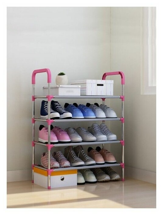 Розовая тканевая обувница / Высокая компактная полка стеллаж для обуви / Большая подставка тумба для обуви / Модульный складной шкаф этажерка