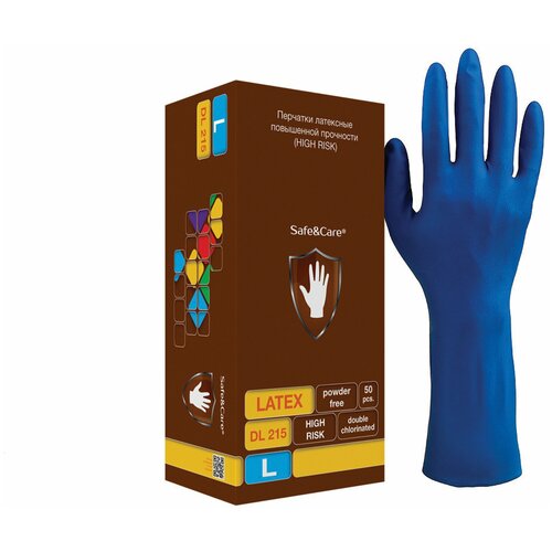 Перчатки латексные смотровые комплект 25 пар (50шт), повышенной прочности, размер L (большой), удлиненные, синие, SAFE&CARE High Risk, DL 215