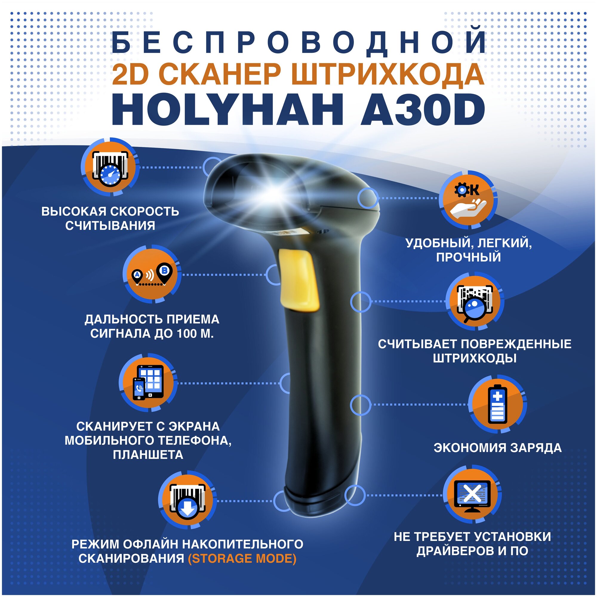 Беспроводной 2D сканер штрих кода Holyhah A30D USB для маркировки, Честный знак, QR, Эвотор, Атол, Меркурий, 1D