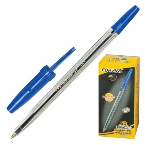 Ручка шариковая синяя 50 шт CORVINA "51 Classic" корпус прозрачный, узел 1 мм, линия письма 0,7 мм