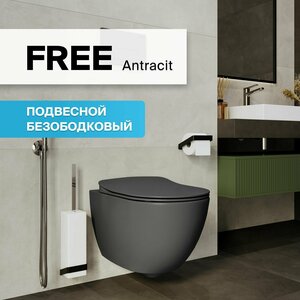 Унитаз подвесной Free, цвет антрацит, безободковый горизонтальный выпуск в стену Гарантия 12 лет Сиденье приобретается отдельно