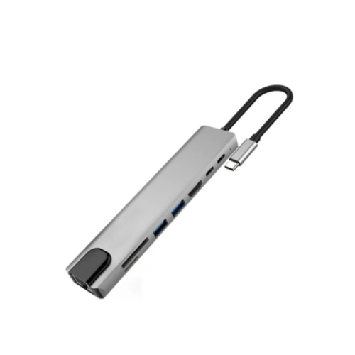 Хаб USB type-C адаптер-переходник 8 в 1: HDMI 4K, RJ45, TF/SD, USBx2, Type-C PD 87W для Macbook, для ноутбука универсальный картридер 4 в 1 usb type c переходник type c на usb черный