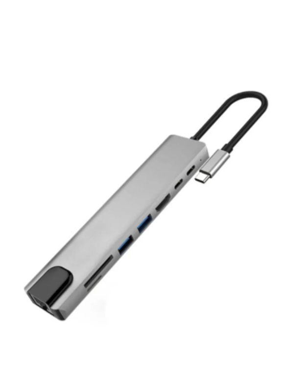 Хаб USB type-C адаптер-переходник 8 в 1: HDMI 4K RJ45 TF/SD USBx2 Type-C PD 87W для Macbook для ноутбука