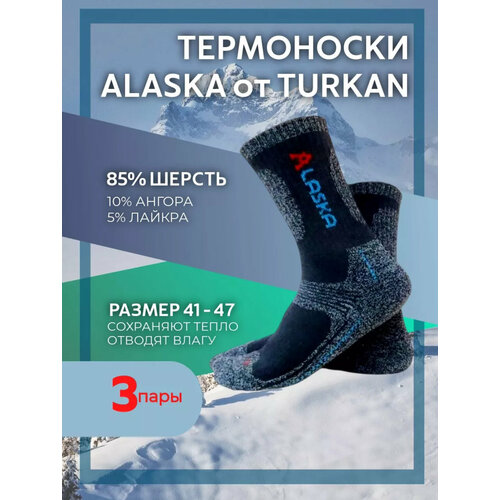 Термоноски Turkan, 3 пары, размер 41/47, серый, синий, черный термоноски мужские alaska укороченные махровый след 10 пар 2 в подарок размер 41 44