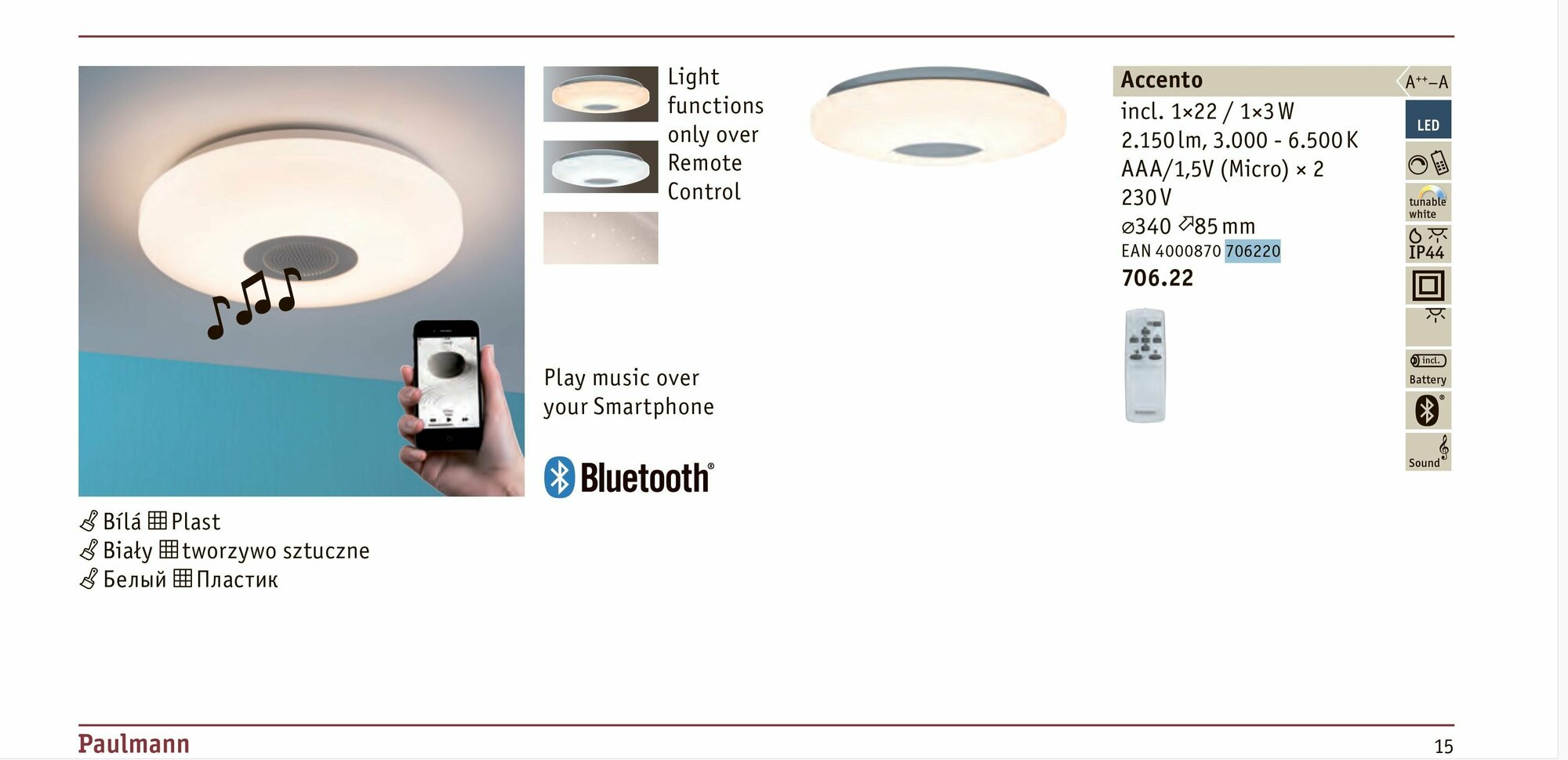 Светильник потолочный Paulmann Accento D340 1x22Вт/1x3Вт 2150Лм 3000-6500К IP44 LED 230В Белый Пластик ПУ Bluetooth 70622. - фотография № 5