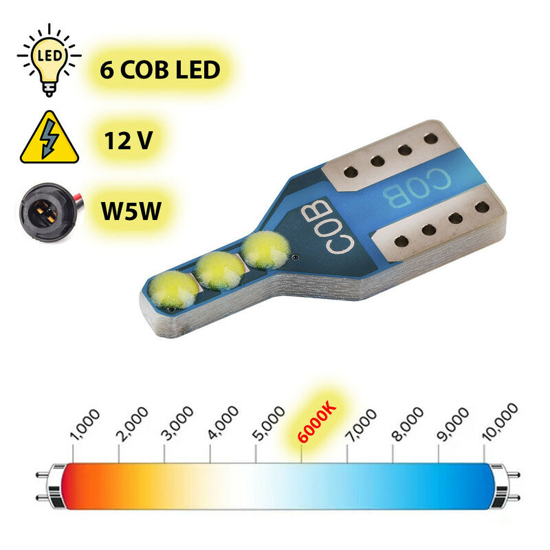 Автолампа диод T10 (W5W) 12V 6 COB диодов без цоколя 1-конт Белая SKYWAY Салон габариты Skyway арт. S08201509