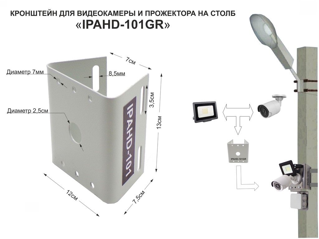 Кронштейн на столб "IPAHD-101GR" серый для камеры и прожектора под СИП-ленту вылет 80мм 75мм