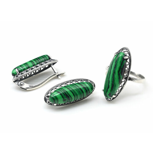 Комплект бижутерии Радуга Камня: серьги, малахит синтетический, размер кольца 19, зеленый
