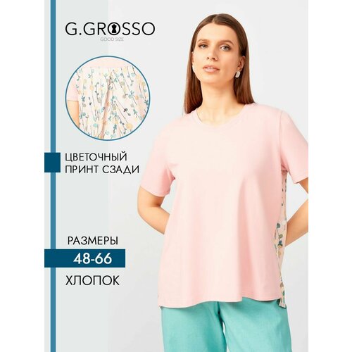 Блуза  Gala Grosso, короткий рукав, флористический принт, размер 60-62, бежевый, розовый