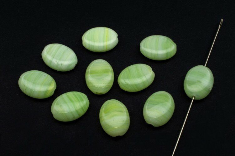 фото Бусина овальная плоская 12х9мм, цвет желто-зеленый, непрозрачная, стекло, 735-233, 10шт