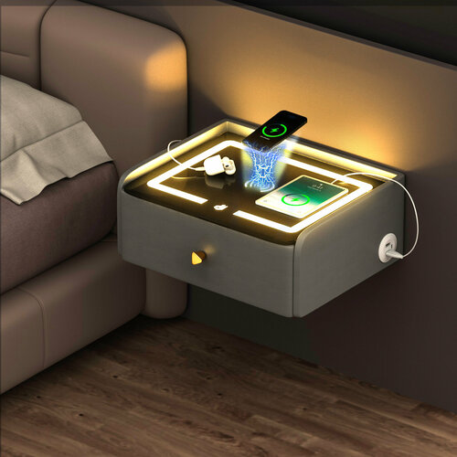 Тумба подвесная с беспроводной зарядкой, LED подсветкой, USB и TYPE-C портами, Серая