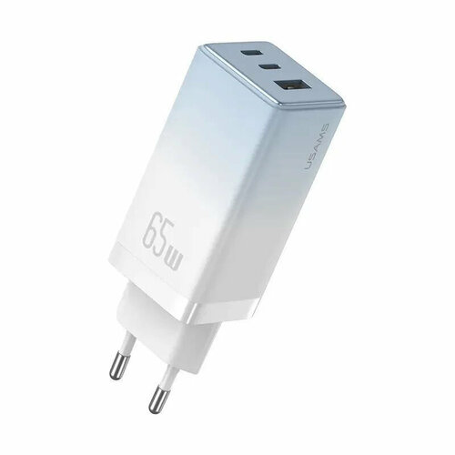 Сетевое зарядное устройство GaN USAMS Sandru series 65W, USB-A и USB-C x2 с поддержкой быстрой зарядки PD и QC цвет: Голубой сетевое зарядное устройство gan usams sandru series 65w usb a и usb c x2 с поддержкой быстрой зарядки pd и qc цвет белый