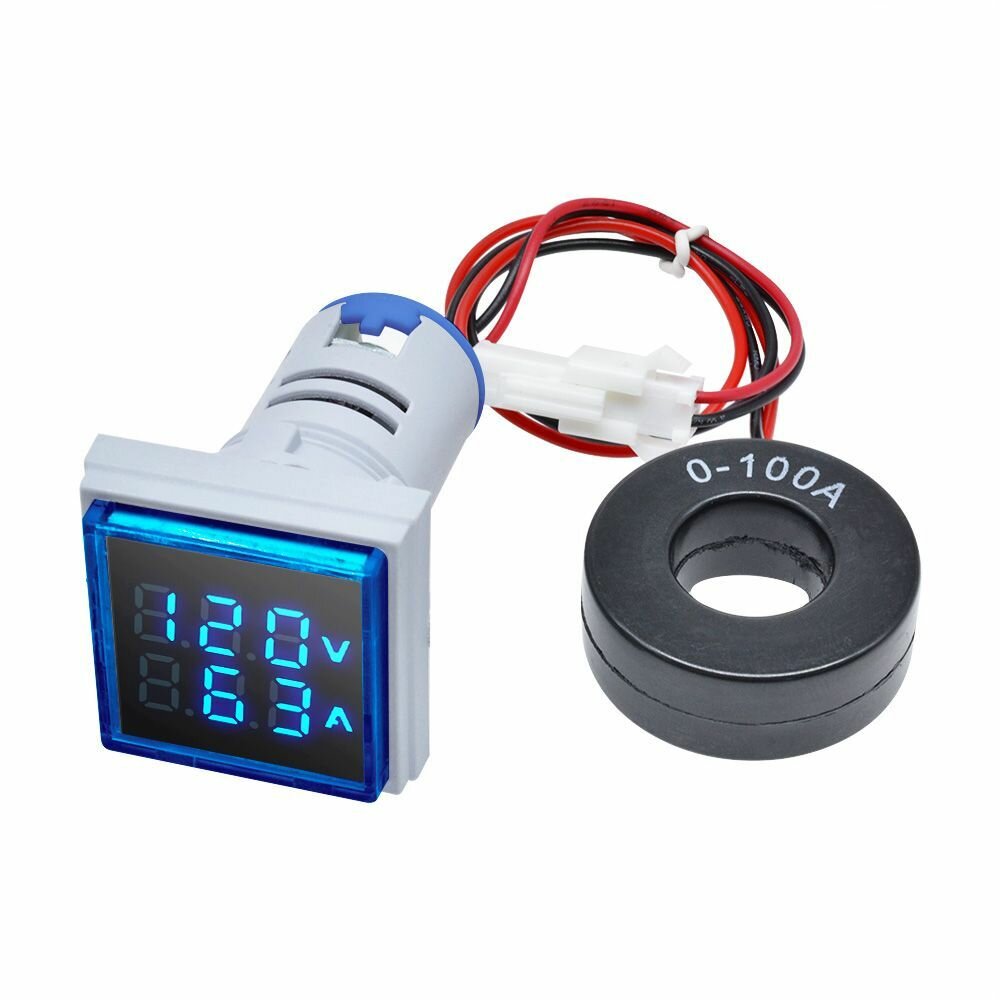 Измерительная панель вольт - амперметр AC 60-500B, ток AC 0-100A синий с токосъёмным кольцом (У)
