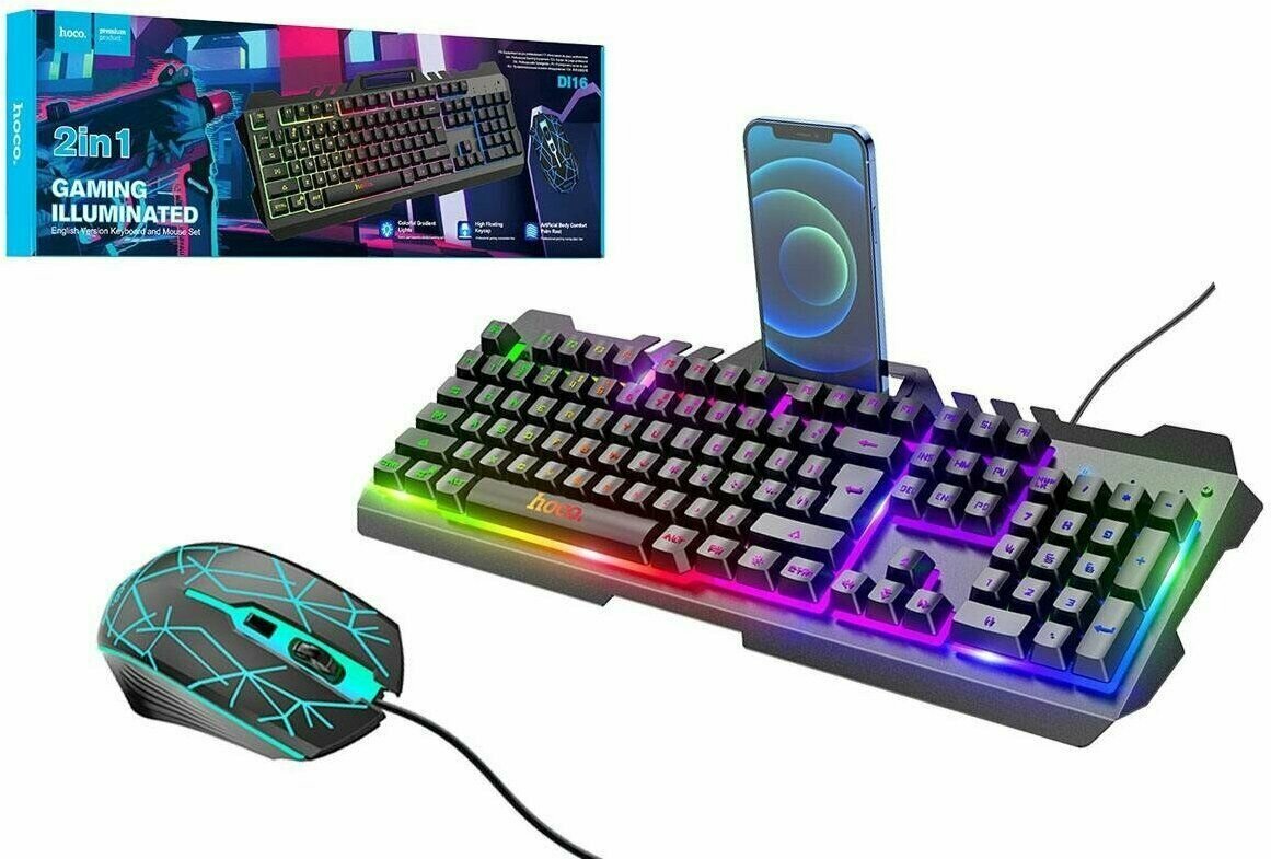 Комплект игровой HOCO DL16 проводной клавиатура+мышь с подсветкой RGB (черный) русская раскладка