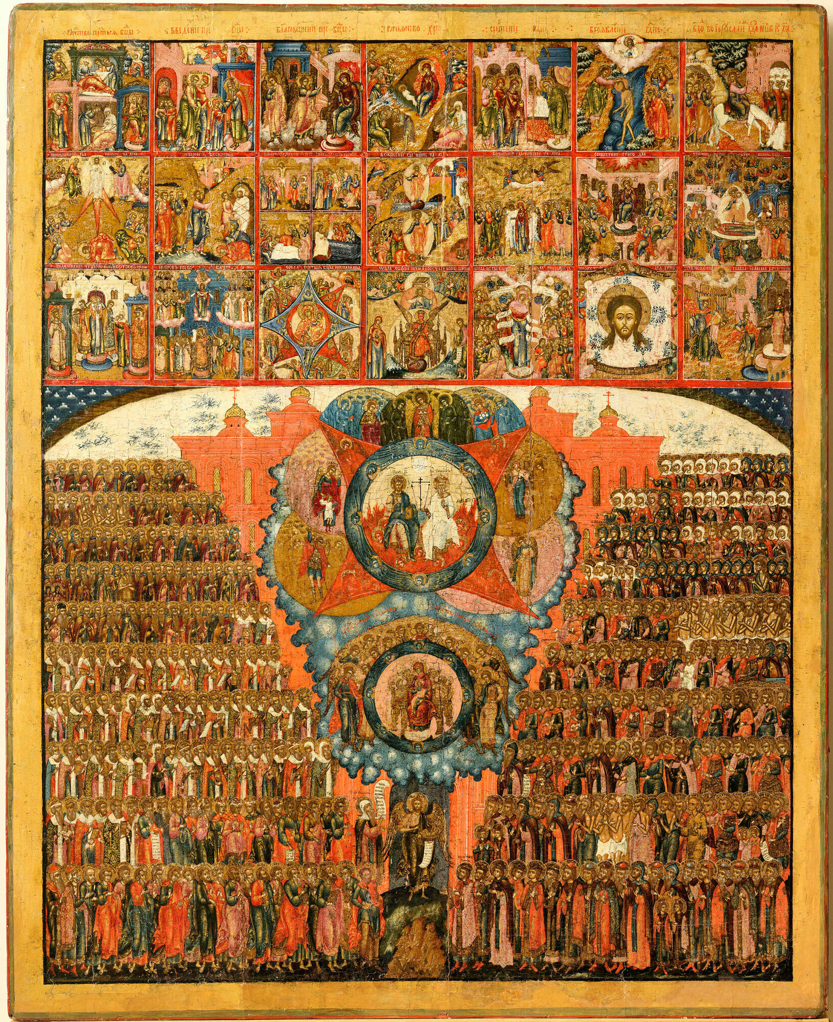 Собор всех святых с иконами Праздников деревянная икона на левкасе 13 см