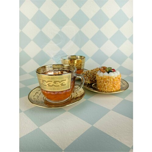 Подарочный чайный набор 12 предметов/Чашки для чая и кофе с блюдцами стеклянные с алмазной гравировкой PROMSIZ версаль, 200 мл, 6 шт.