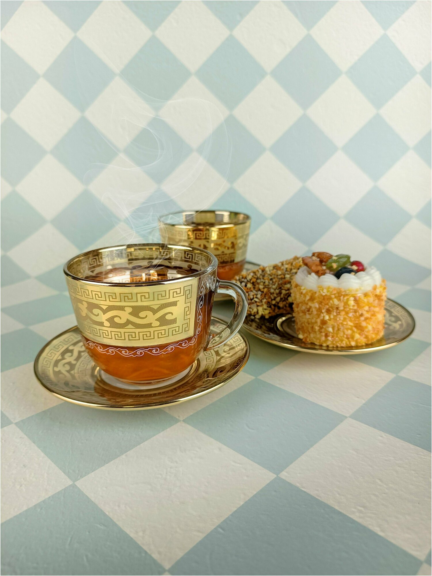 фото Подарочный чайный набор 12 предметов/Чашки для чая и кофе с блюдцами стеклянные с алмазной гравировкой PROMSIZ версаль, 200 мл, 6 шт.