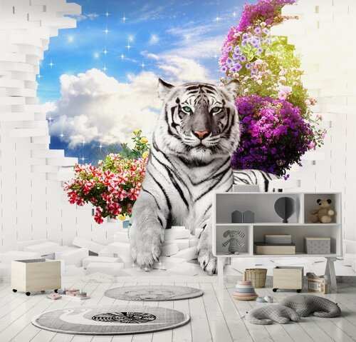 Изображение товара Фотообои "3d Тигр с цветами" 300*260 см. /Фотообои на стену