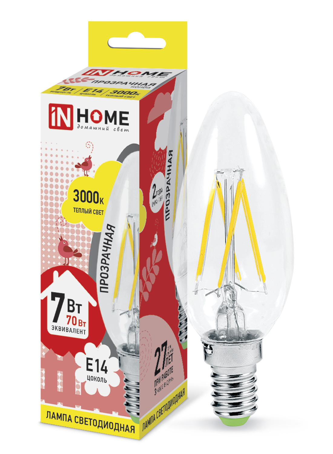 Лампа светодиодная IN HOME С37 7 Вт Е14 630 Лм 3000 К теплый белый прозрачная 2900466