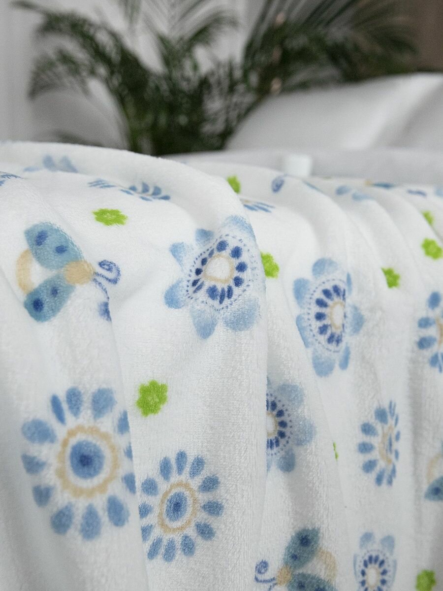Плед плюшевый 100х140 см, для новорожденных в кроватку, "Цветы", голубой