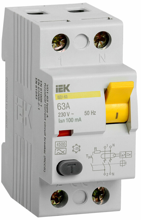 Выключатель дифференциального тока (УЗО) 2п 63А 100мА тип A ВД1-63, IEK MDV11-2-063-100 (1 шт.) - фотография № 2