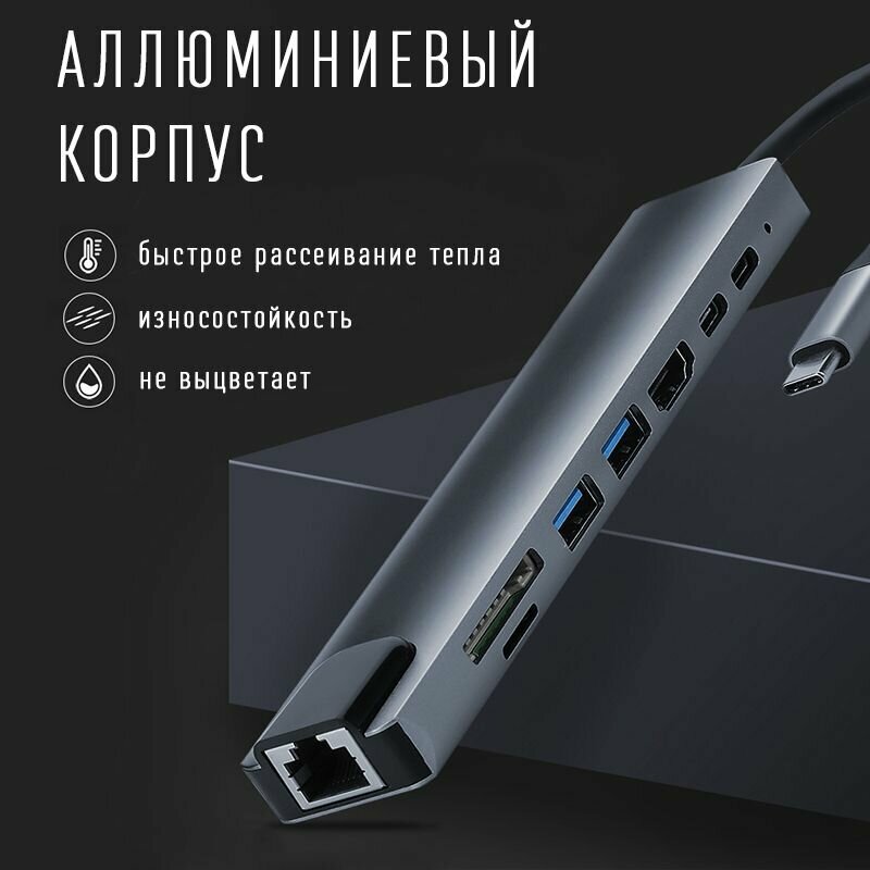 Hub USB type C 8 in 1 / Переходник HDMI 4K RJ45 MicroSD USBx2 TypeC Power Delivery 87W / Разветвитель хаб 30 8 в 1