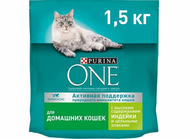 Purina One сухой корм для взрослых кошек, живущих в домашних условиях, с высоким содержанием индейки и цельными злаками,1500 г