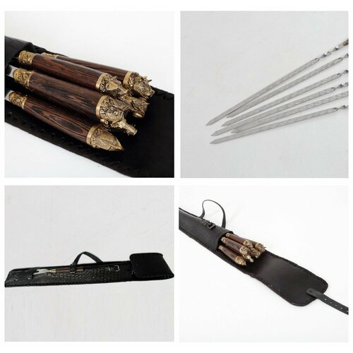 Подарочные шампура звери, подарочный набор шампуров Лесная сказка 3мм в колчане с вилкой, шампура с деревянной ручкой, 70 см, 6 шт