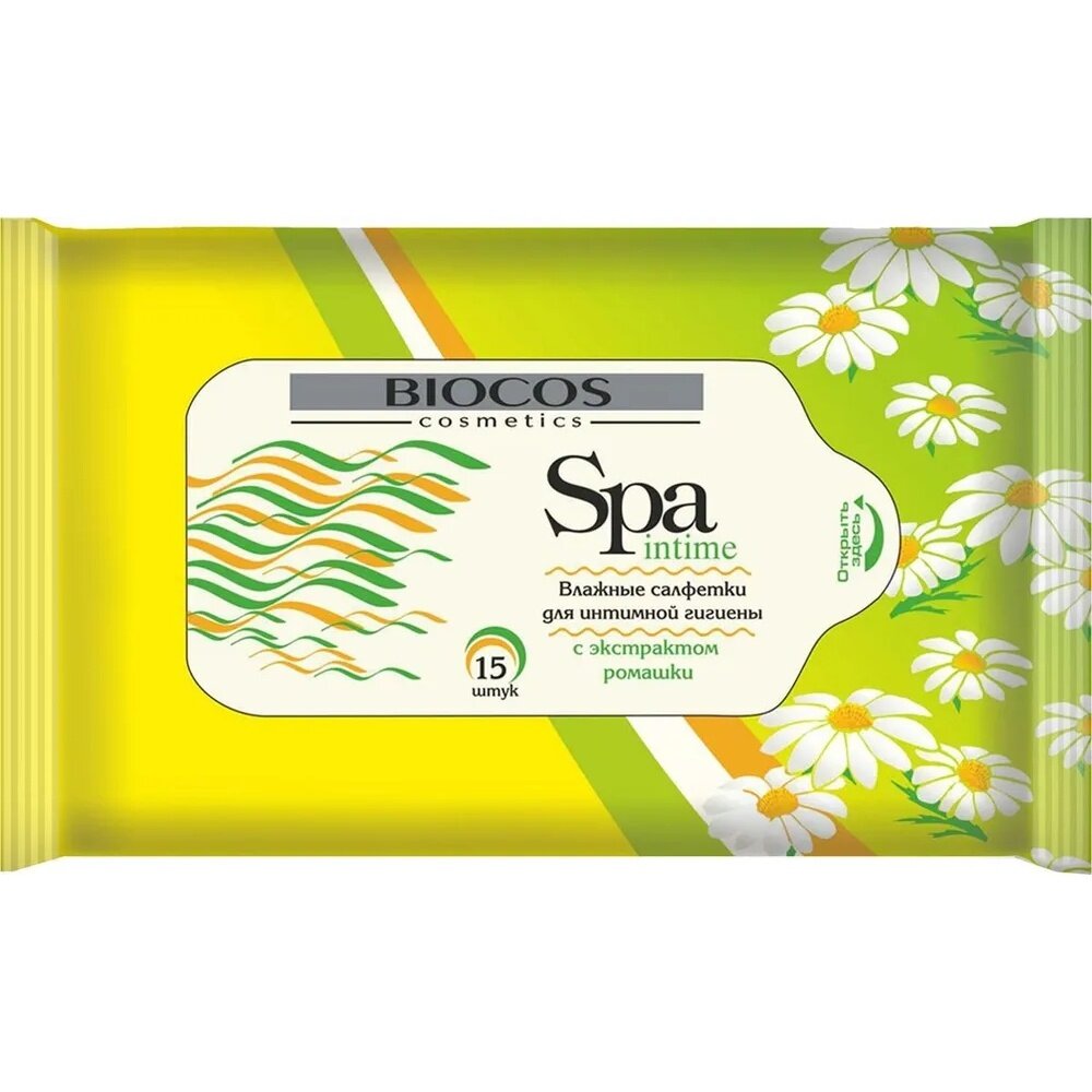 Влажные салфетки BioCos "Spa Intime", Ромашка, для интимной гигиены, 15 шт