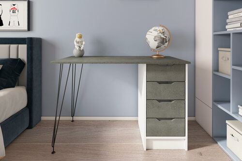 Изображение товара Стол письменный ВМФ Kraft, с четырьмя ящиками, МДФ ЛДСП металл, белый - камень серый, тумба справа