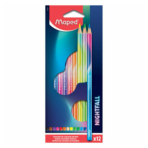 Карандаши цветные MAPED Nightfall, набор 12 цветов, трехгранные, корпус градиент металлик, 831700
