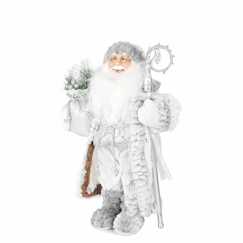 Фигурка Maxitoys Дед Мороз в длинной серебряной шубке с посохом и подарками 30 см