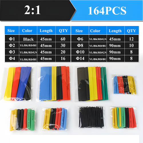 Термоусадка, Набор термоусадочных трубок цветных для проводов кабеля, рыбалки, аккумуляторов, 164 шт.