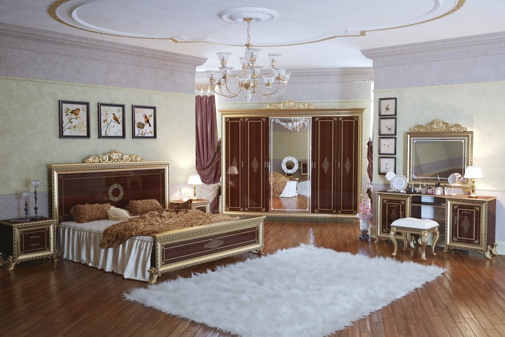 Спальный гарнитур Мэри Версаль орех (кровать 160х200 шелкография, шкаф 6дв, тумбочки 2шт, кроватное основание, туал. стол, зеркало)